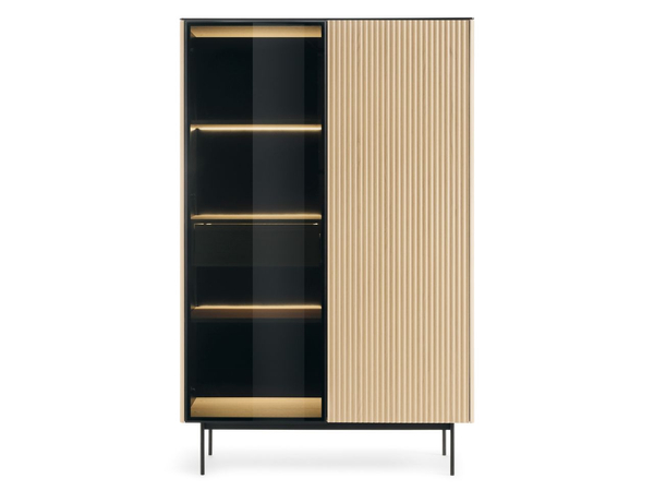 Standvitrine mit einer Glastür, LED-Beleuchtung und Schublade für das Wohnzimmer Auroé Eiche Vicenza