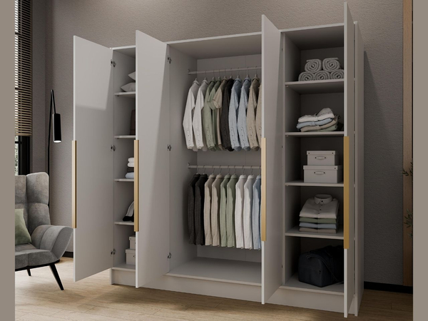 Kleiderschrank 200 cm Perugia Weiß mit goldenen Griffen