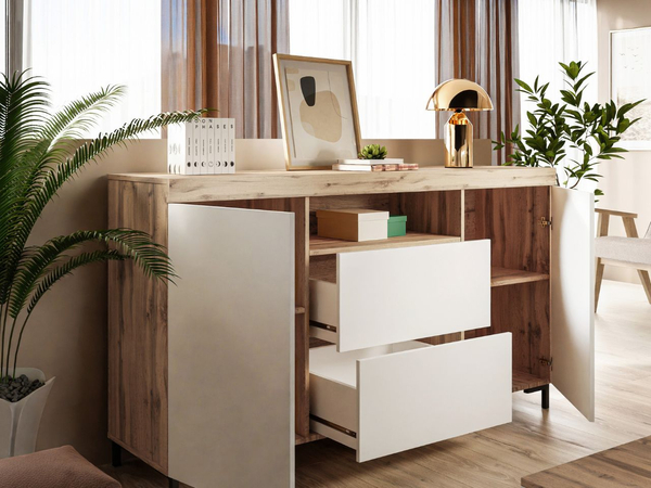 Wohnzimmer-Set im Loft-Stil Asumi Weiß und Eiche Wotan