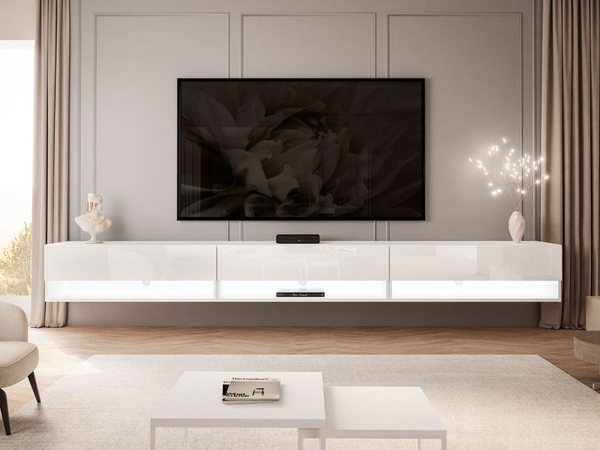 Hänge TV-Schrank 270 cm für Wohnzimmer mit LED-Beleuchtung Aurelie Weiß Hochglanz