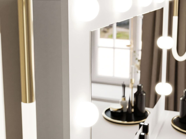 Schminktisch Glamour mit Spiegel, Schubladen und LED Melo Weiß Hochglanz