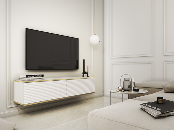 TV-Lowboard Hänge mit Türen 135 cm Diolo Weiß mit geriffelter Vorderseite