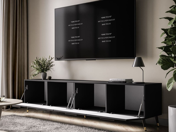 TV-Lowboard mit Türen und LED-Beleuchtung auf Schwarz-Goldenen Metallbeinen 200 cm Noaé Schwarz Hochglanz