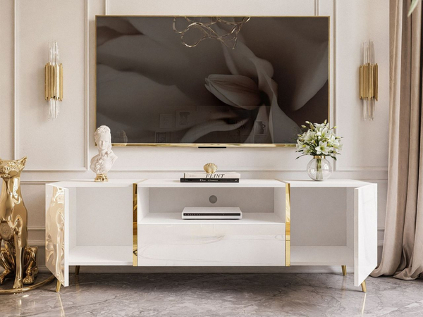 Wohnzimmer-Set mit goldenen Metallbeinen im Glamour-Stil Lunelie Weiß Hochglanz