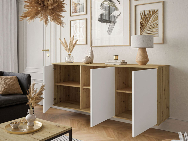 Dreitürige Kommode 154 cm im Loft-Stil auf schwarzem Gestell – Vivance, Weiß matt & Eiche Artisan