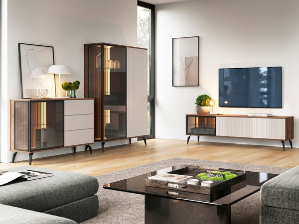 Vitrinenschrank mit LED Vinni Dunkler Walnuss Cashmere