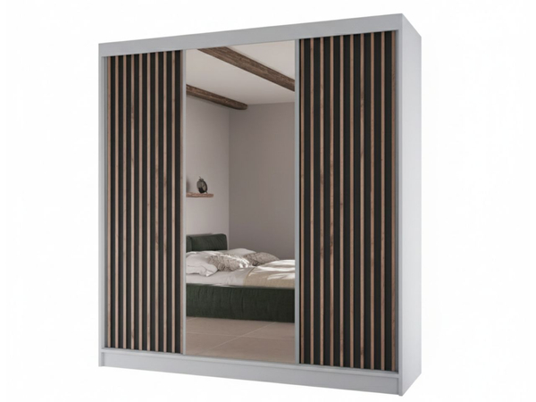 Schiebetürenschrank mit Lamellen und Spiegel 200 cm Lucena Weiß, Schwarz