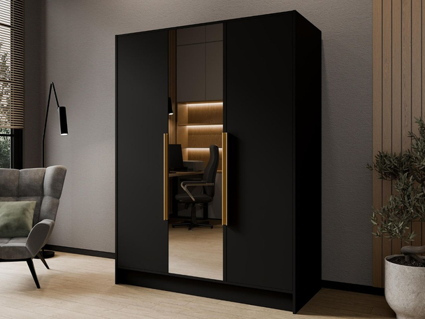 Kleiderschrank mit Spiegel 150 cm Lucca Schwarz mit goldenen Griffen