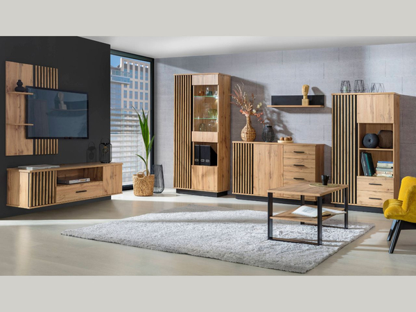 Hängeregal mit Latten für das Wohnzimmer Lavore Wotan Eiche, Schwarz matt