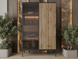 Vitrinenschrank mit Led Deo 166 cm Schwarz, EIche Wotan