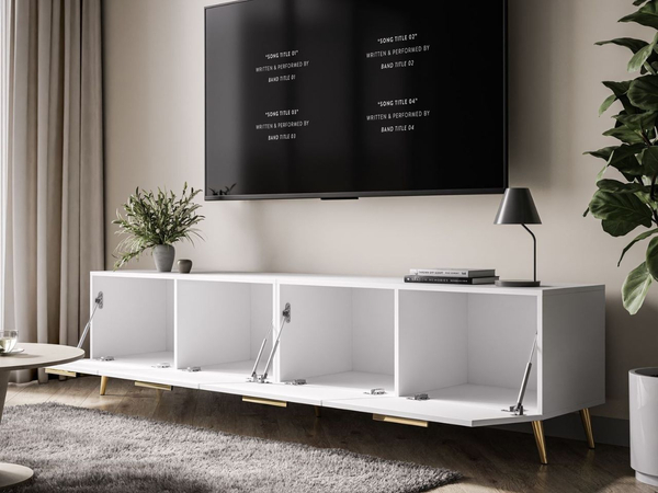 TV-Lowboard mit Türen auf Goldenen Metallbeinen 200 cm Noaé Weiß Hochglanz