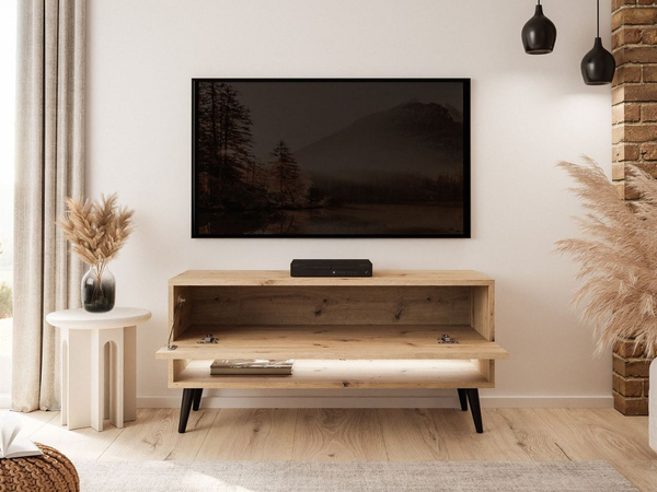 TV-Schrank 90 cm mit LED-Beleuchtung und schwarzen Beinen Aurelie Artisan Eiche