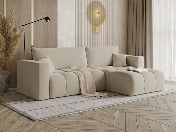 Ecksofa L-Form mit Schlaffunktion und Bettkasten Neva Bouclé-Stoff Beige