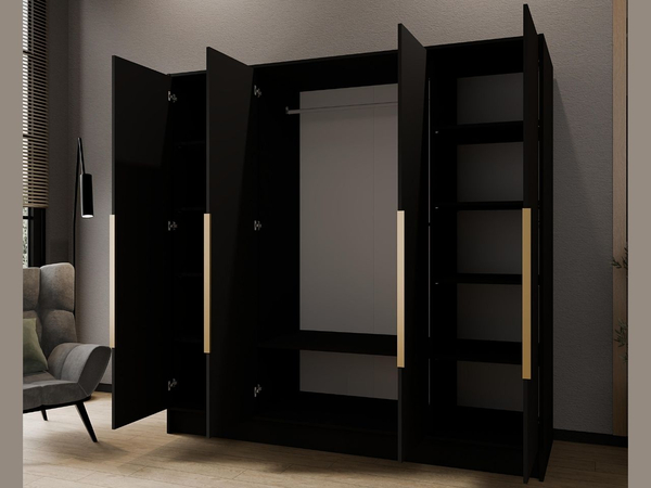 Kleiderschrank mit Spiegel 200 cm Lucca Schwarz mit goldenen Griffen