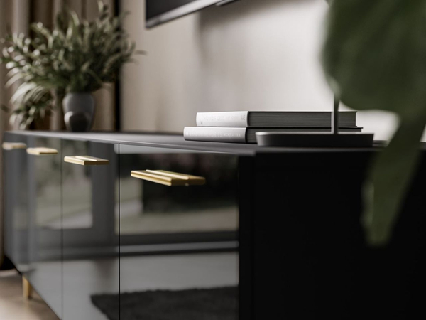 Wohnwand für das Wohnzimmer mit LED-Beleuchtung auf Goldenen Metallbeinen Noaé Schwarz Hochglanz