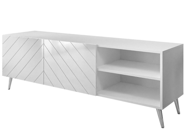 TV-Schrank mit gefrästen Fronten und verchromten Metallbeinen Vionel Weiß glänzend