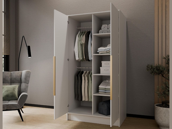 Kleiderschrank 100 cm Perugia Weiß mit goldenen Griffen