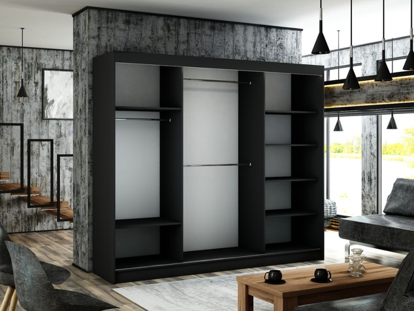 Schiebetürenschrank mit Sprossen 250 cm mit LED-Beleuchtung Ponti Schwarz