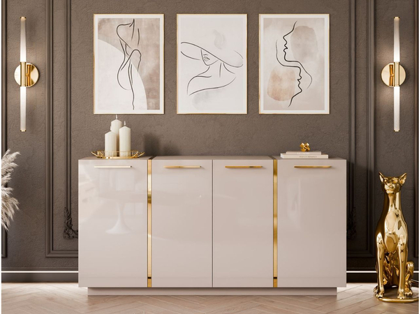 Viertürige Kommode 158 cm Glamour-Stil mit goldenen Griffen Lunelie Kaschmirglanz