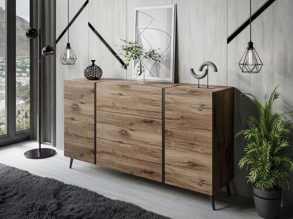 Zweitürige Kommode 158 cm mit drei Schubladen und Metallbeinen Lunelie Flagstaff-Eiche