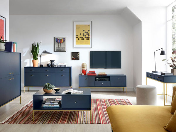 TV-Lowboard mit Schubladen und Türen mit Golden Metallbeinen Amor Marineblau
