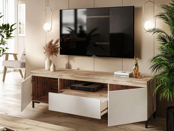 Wohnzimmer-Set im Loft-Stil Asumi Weiß und Eiche Wotan