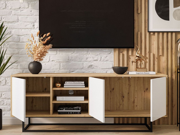 TV-Lowboard schwarzes Gestell Vivance Weiß und Eiche Artisan