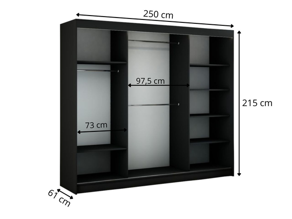 Schiebetürenschrank mit Sprossen 250 cm mit LED-Beleuchtung Ponti Schwarz