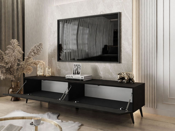 TV-Lowboard mit zwei Türen auf schwarzen Beinen 175 cm mit LED-Beleuchtung Sorelle Schwarz Matt