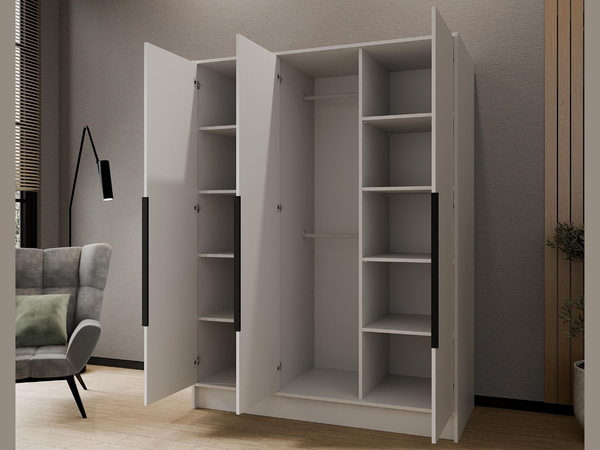 Kleiderschrank 150 cm Perugia Weiß mit schwarzen Griffen