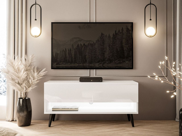 TV-Schrank 90 cm mit LED-Beleuchtung und schwarzen Beinen Aurelie Weiß Hochglanz
