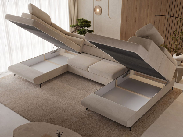 Wohnlandschaft mit Schlaffunktion und Bettkasten Argon Beige