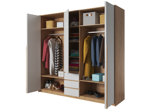 Fünftüriger Kleiderschrank mit Drehtüren und LED-Beleuchtung Baffi Eiche Craft Gold, Weiß