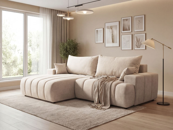 Ecksofa L-Form Links mit Schlaffunktion und Bettkasten Caleo Beige