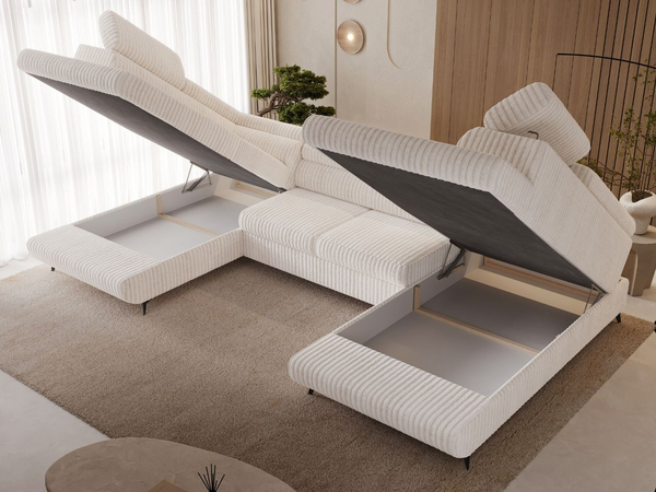 Wohnlandschaft mit Schlaffunktion und Bettkasten Argon Creme