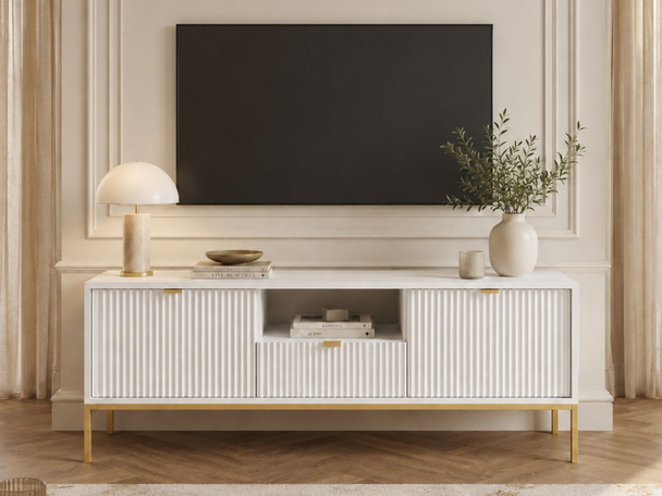 TV-Lowboard mit Schublade und Türen Amber Weiß, Gold Frame