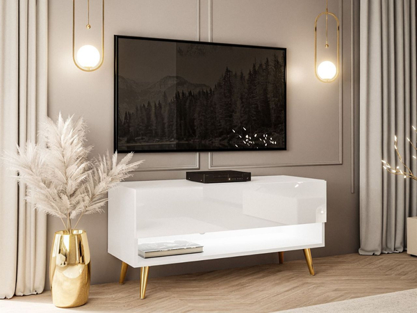TV-Schrank 90 cm mit LED-Beleuchtung und goldenen Beinen Aurelie Weiß Hochglanz