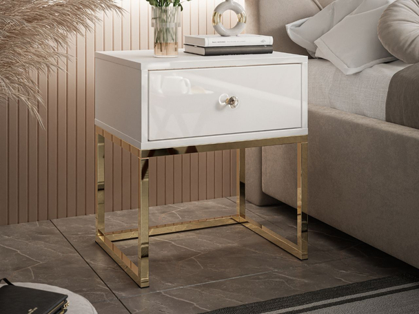 Nachttisch Glamour mit Schublade und goldenem Gestell Brisa Weiß Hochglanz