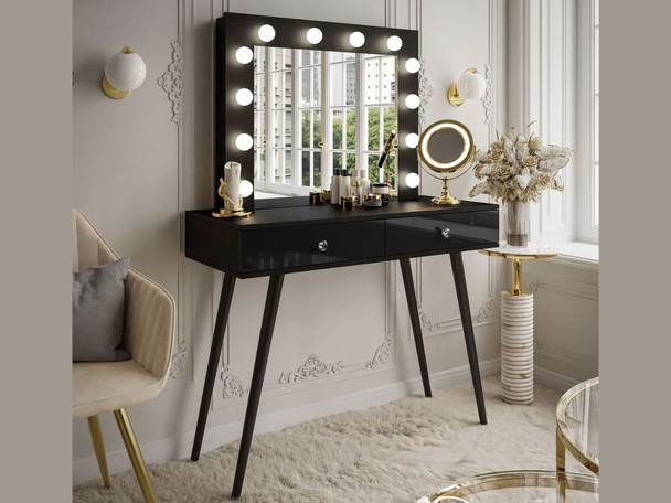Schminktisch glamour mit Schubladen, Kristallgriffen und LED-Beleuchtung Olivine Schwarz Hochglanz