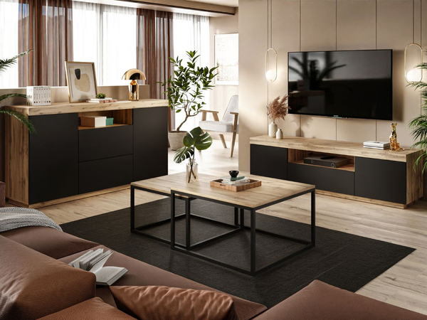 TV-Lowboard Asumi mit Türen und Schublade – Schwarz matt und Eiche Wotan