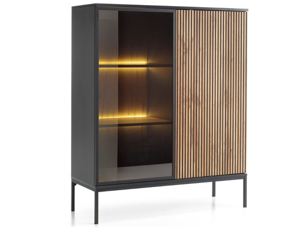 Vitrinenschrank mit Led Deo 126 cm Schwarz, EIche Wotan