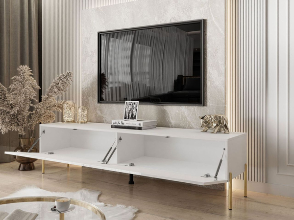 TV-Lowboard mit Türen auf Goldenen Metallbeinen 175 cm mit LED-Beleuchtung Sorelle Weiß Hochglanz
