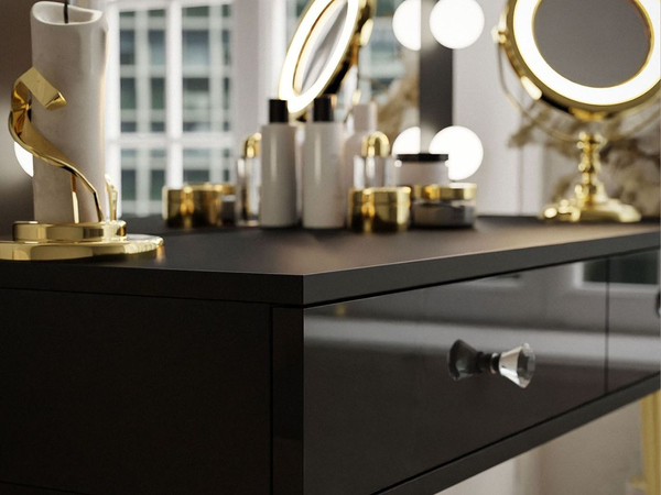 Schminktisch glamour mit Schubladen, Kristallgriffen und LED-Beleuchtung Olivine Schwarz Hochglanz