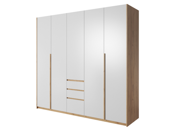 Fünftüriger Kleiderschrank mit Drehtüren und LED-Beleuchtung Baffi Eiche Craft Gold, Weiß