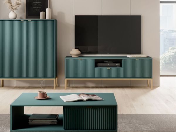 TV-Lowboard mit Schublade und Türen Amber Grün, Gold Frame