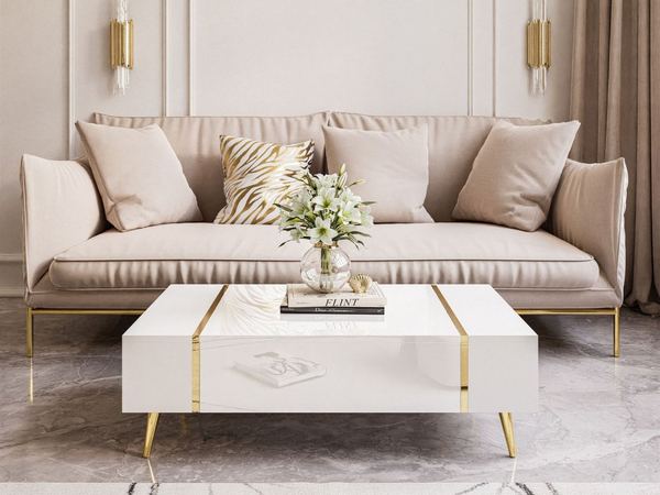 Wohnzimmer-Set mit goldenen Metallbeinen im Glamour-Stil Lunelie Weiß Hochglanz