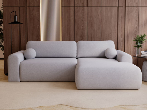 Ecksofa L-Form mit Schlaffunktion und Bettkasten Savana Rechts Bouclé-Stoff Grau