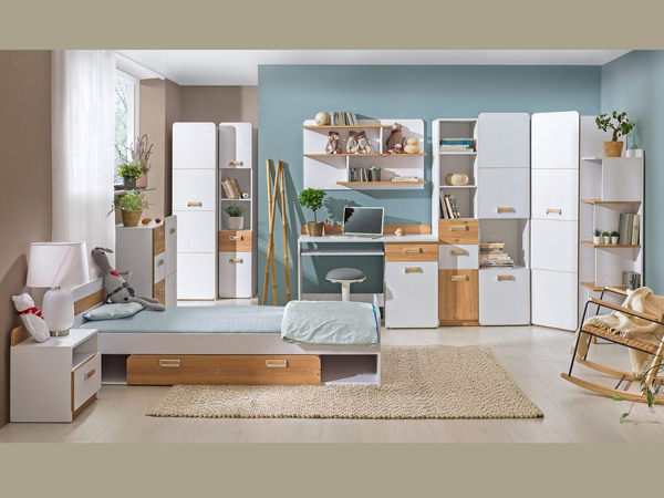 Bücherregal mit Schublade für ein Teenagerzimmer Lindo Weiß, Nash Eiche