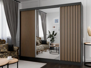 Schiebetürenschrank mit Spiegel und Lamellen 250 cm Loreto Schwarz