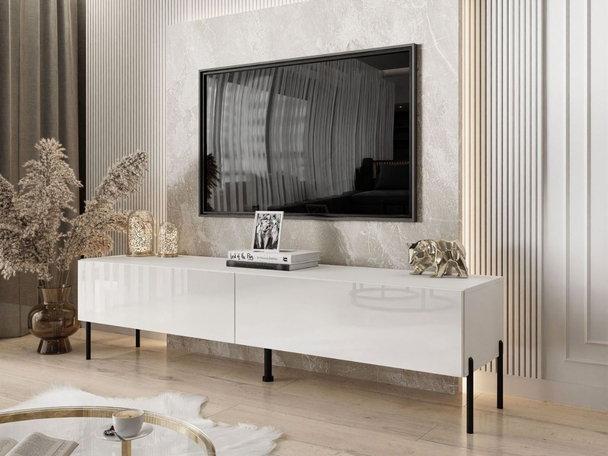 TV-Lowboard mit Türen auf Schwarzen Metallbeinen 175 cm mit LED-Beleuchtung Sorelle Weiß Hochglanz